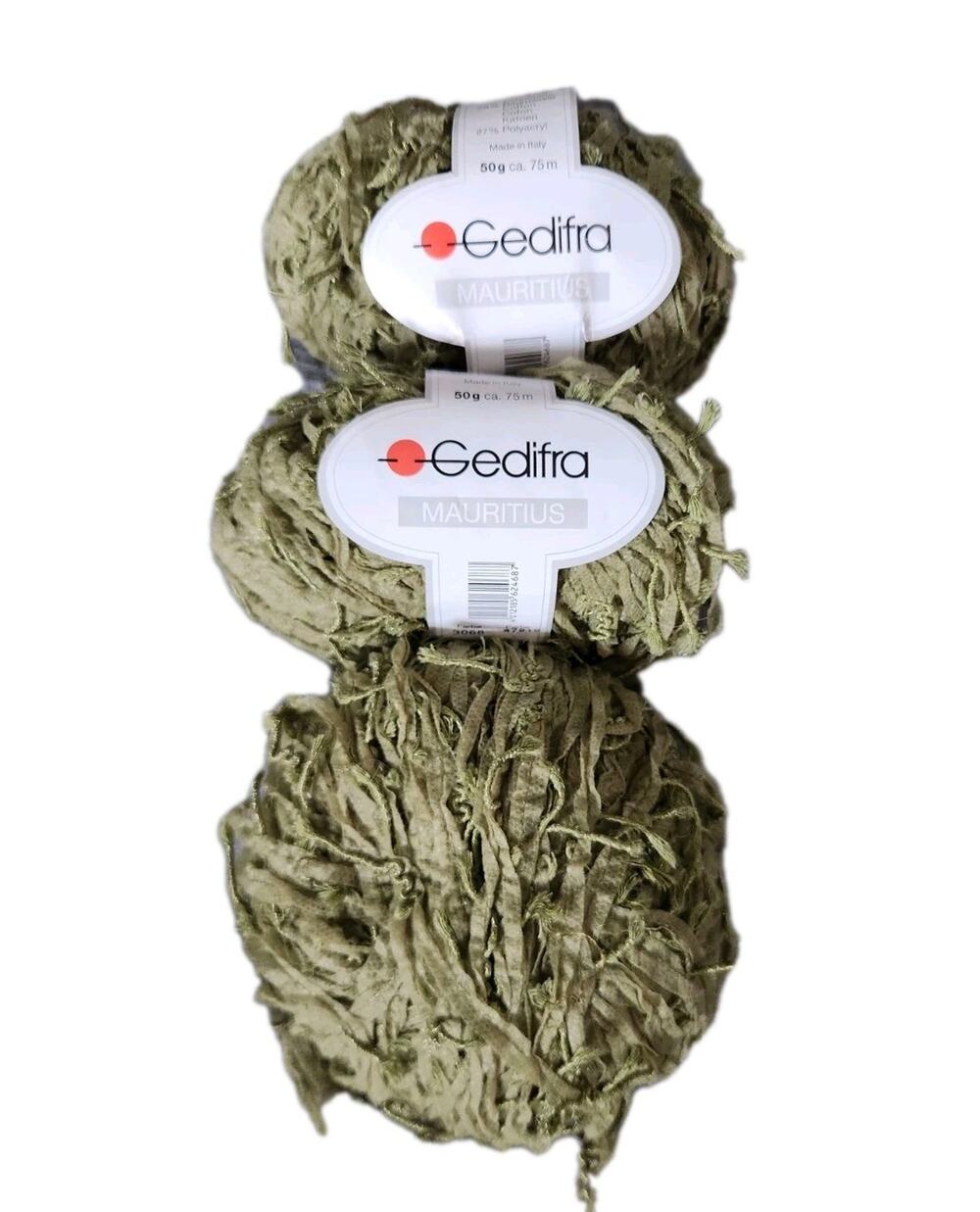 Gedifra Mauritius Yarn Lot Olive Green Ribbon Fringe 2 Skeins + Partial